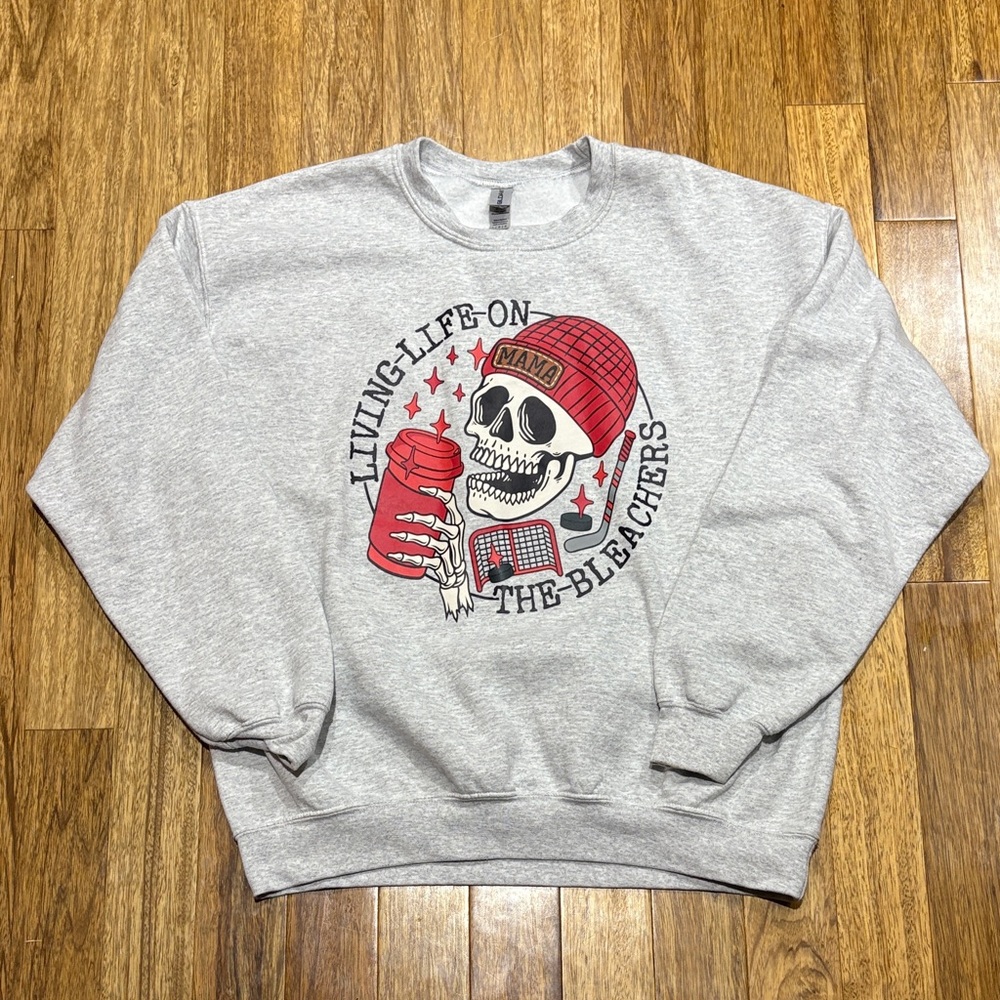 Gray Crewneck Sweatshirt with Red Graphic Skull
